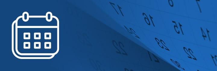 A blue graphic of a monthly paper calendar with a white calendar icon overlaid on top